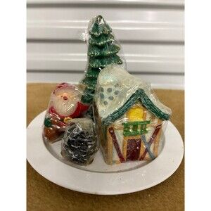 Vintage Christmas Scene Gingerbread House Santa Christmas Tree Pinecones Candle